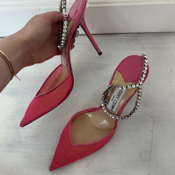 Jimmy Choo Saeda 100 Pointed Toe Mesh Pumps Pink Crystal Embellished Ankle Strap - Picture 6 of 9